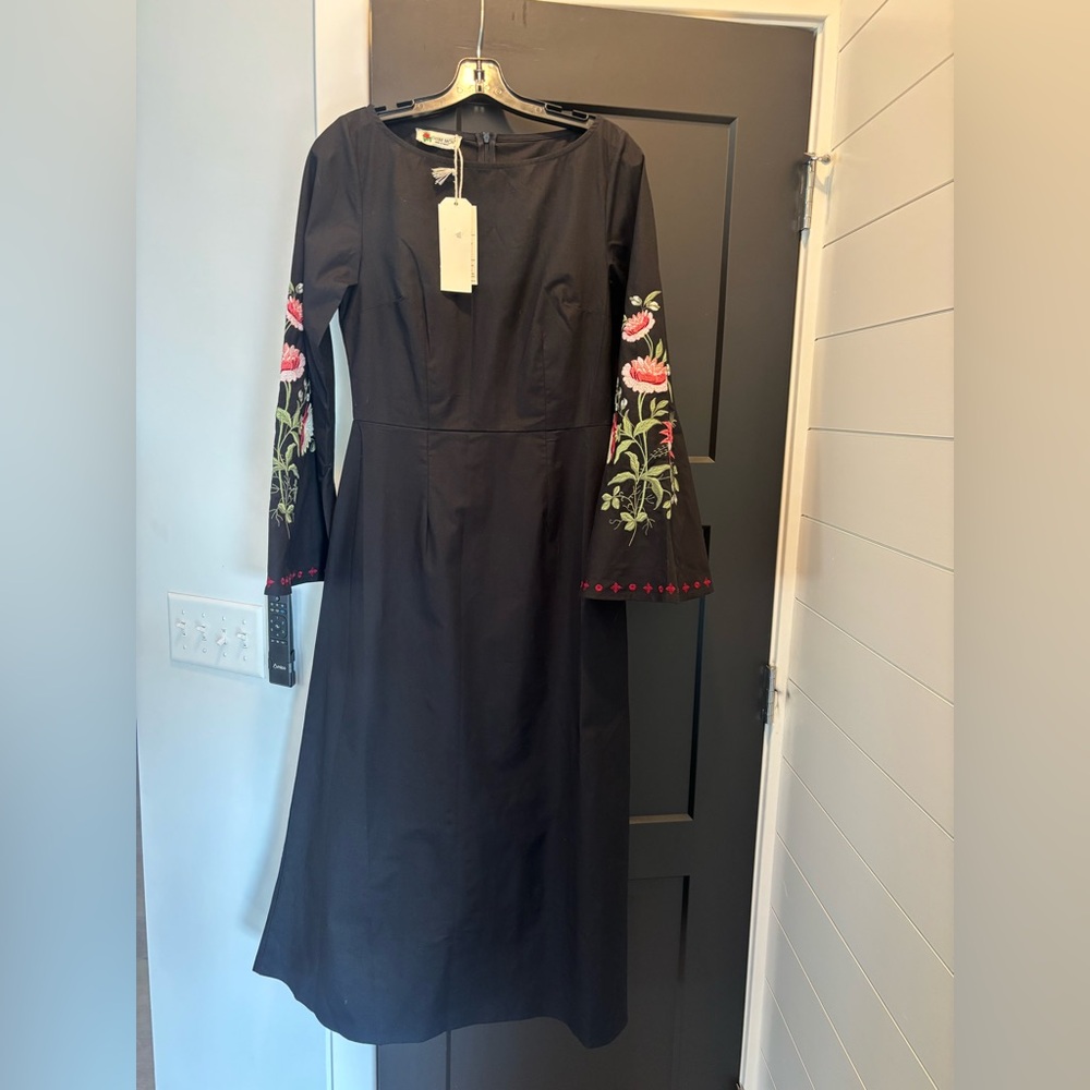 Fanm Mon Yobe Dress Midi Maxi Floral Embroidered Bell Sleeves Black Small NWT - Picture 7 of 15